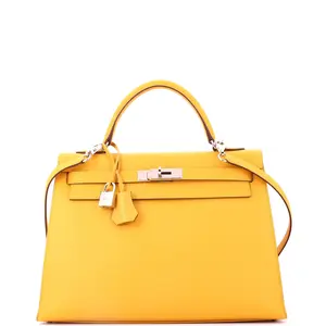 Pre-owned HERMÈS Leather Top Handle Bags Hermes Kelly Handbag Soleil Epsom with Palladium Hardware 32 by Rebag