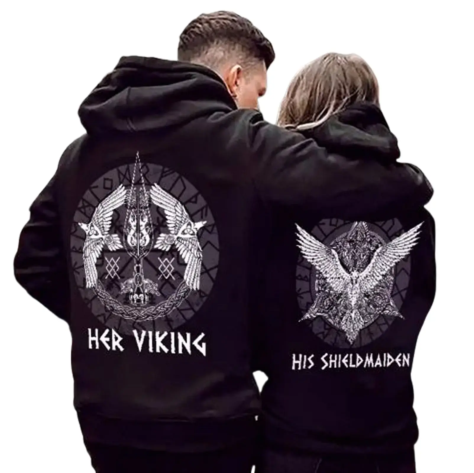 Viking Couple Hoodie Set, His Shield Maiden & Her Viking Matching Tops in Soft Cotton Blend Fleece Fabric, Unisex Pullover with Pouch Pocket, Stretch Fit Anniversary Gift, Yarn, Classic, Long Sleeve, Sweatshirts, Ribbed, Seamless, Stylish, Halloween