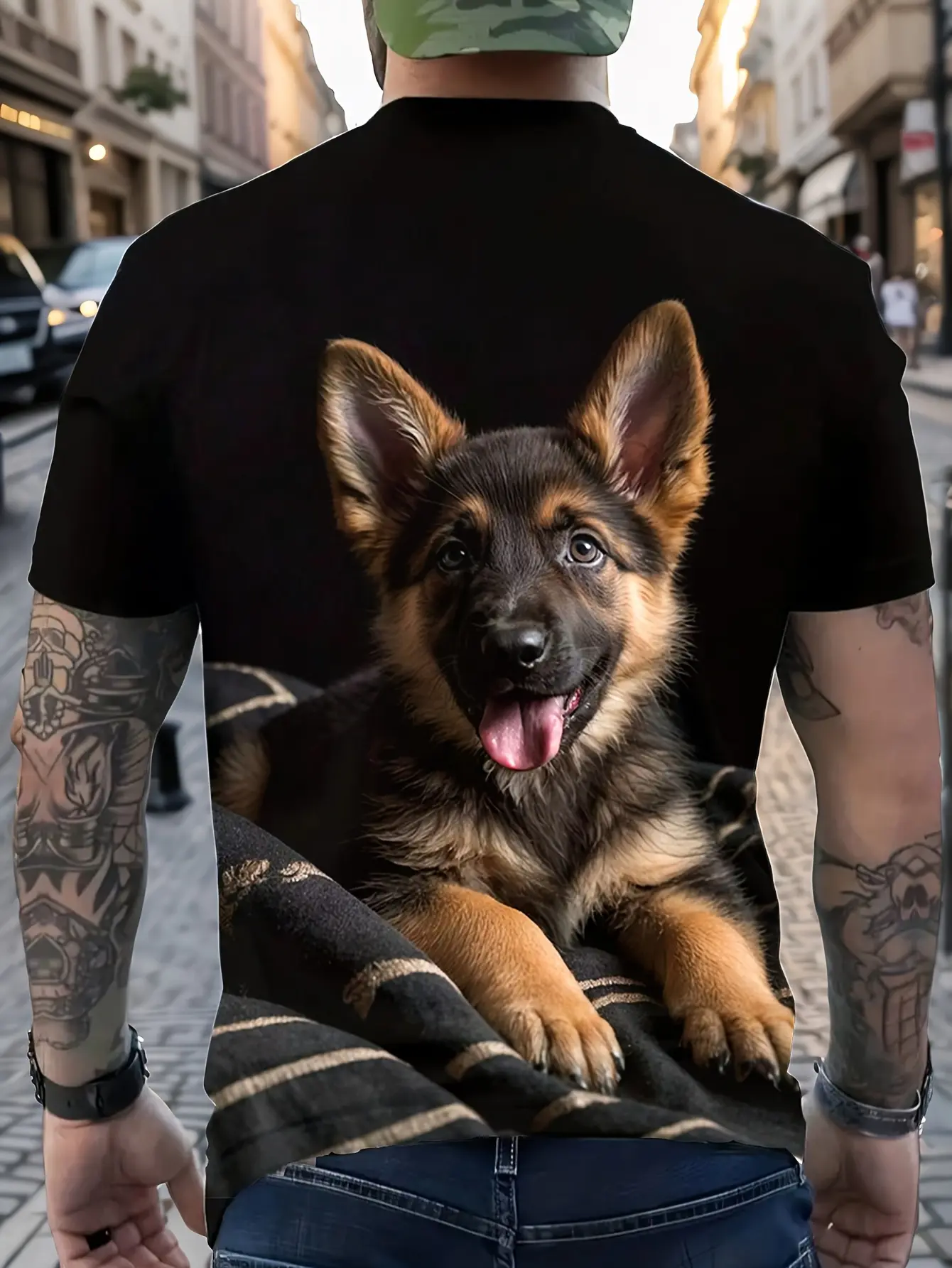 Men'S 3D German Shepherd Print Shirt - Soft Stretch Round Neck Short Sleeve, Spring Summer Fall Breathable Casual Street Style, Machine Washable, Dog Pattern Top, Seasonal Fashion, Loose Fit Comfortable Fabric, Casual Wear, Stretch Material