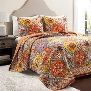 Lush Decor Bohemian Flower Cotton Quilt 3 Piece Set - Reversible Floral Print Bedding for Bedroom Decor - Full/Queen & King Sizes