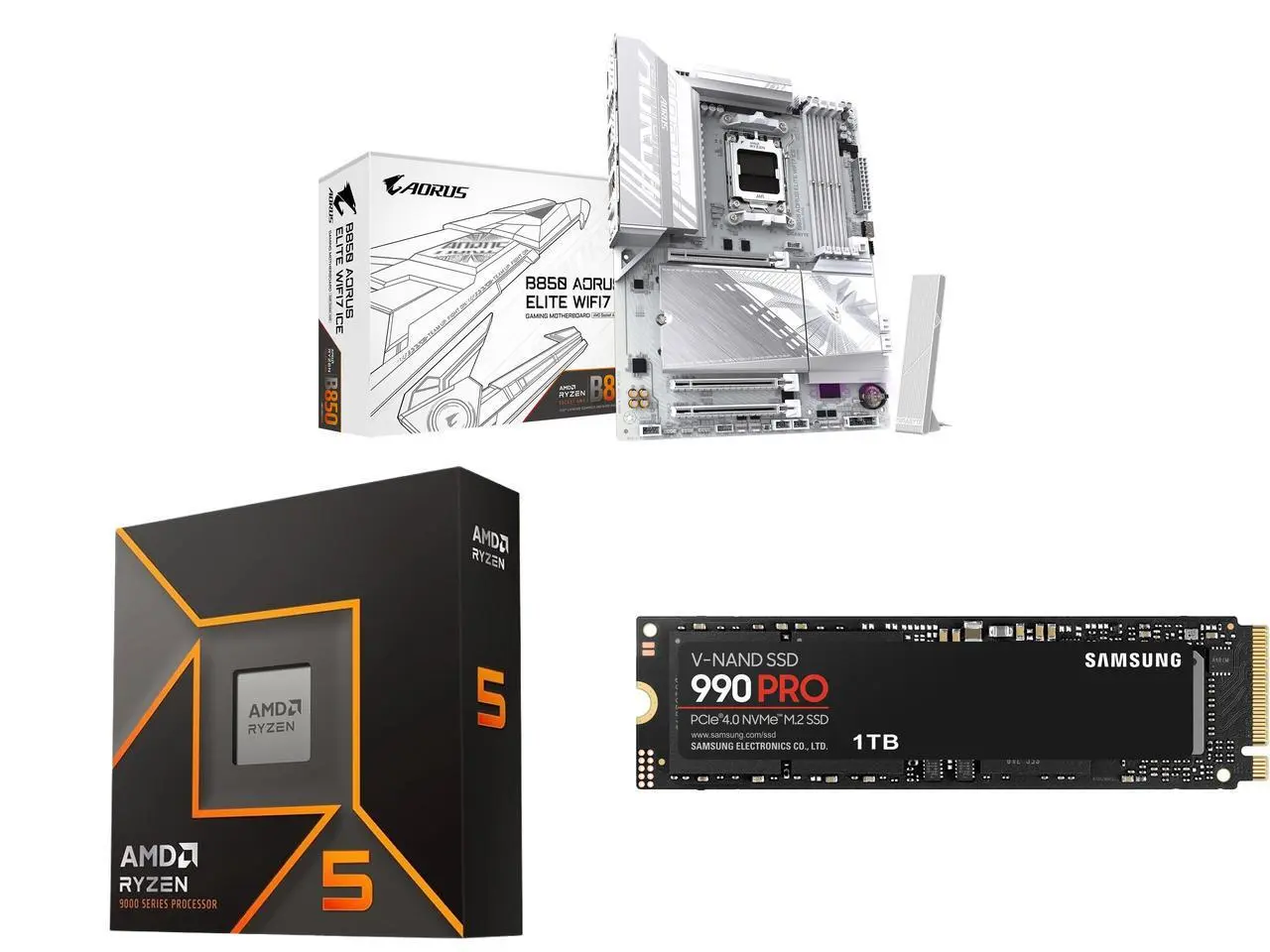 GIGABYTE B850 AORUS ELITE WIFI7 AMD AM5 Motherboard, ATX, DDR5, 3x M.2, PCIe 5.0, USB-C, WIFI7, 2.5GbE LAN, 5-Year Warranty AMD Ryzen 5 9600X 6-Core 3.9 GHz, Radeon Graphics SAMSUNG 990 PRO SSD 1TB PCIe 4.0 M.2, 7,450 MB/s