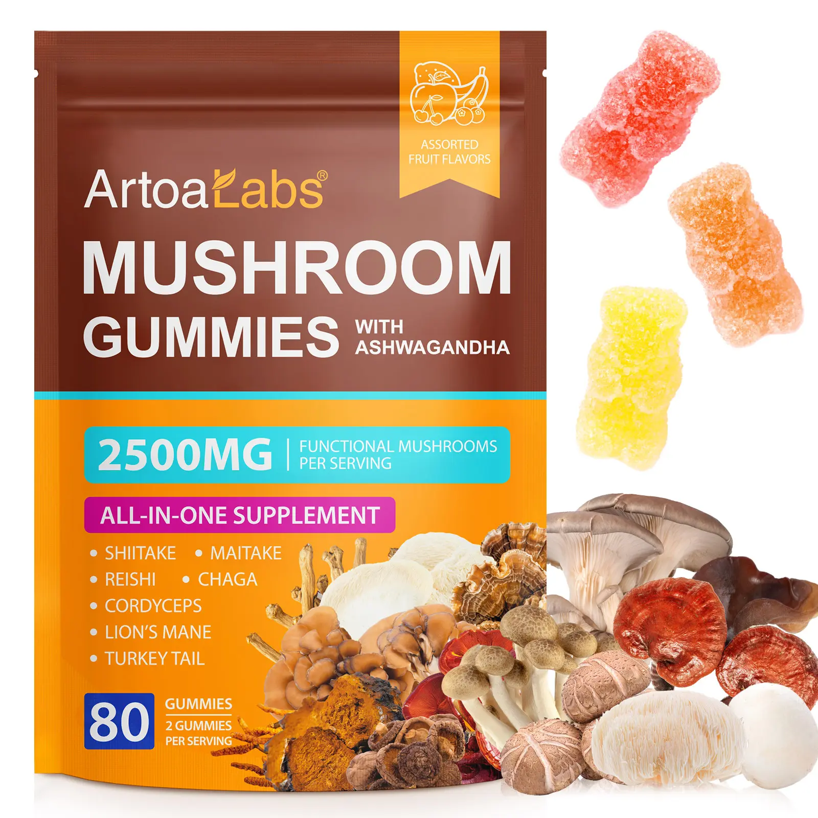 ArtoaLabs 2500mg Chewable Functional Mushroom Gummies - Dairy-Free, Gluten-Free Wellness Supplements for Adults with Reishi, Cordyceps, Lion's Mane, Chaga Complex (80 Count, Pack of 1) for Energy Boost, Camping Essentials