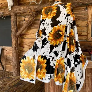 Sunflower Cowprint Blanket, KING oversized 82x90. Soft Washable floral