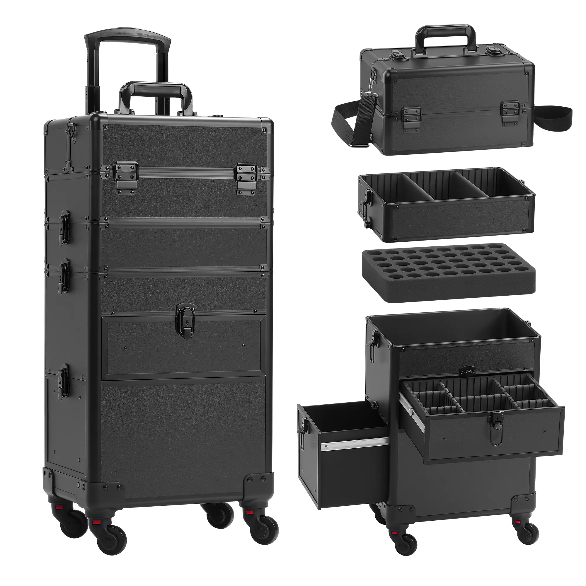 4 in 1 Makeup Train Case with Drawers,  Rolling Cosmetology Case on Wheels, Aluminum Frame Lockable Pro Case for Salon Nail Tech MUA, Rose Pattern