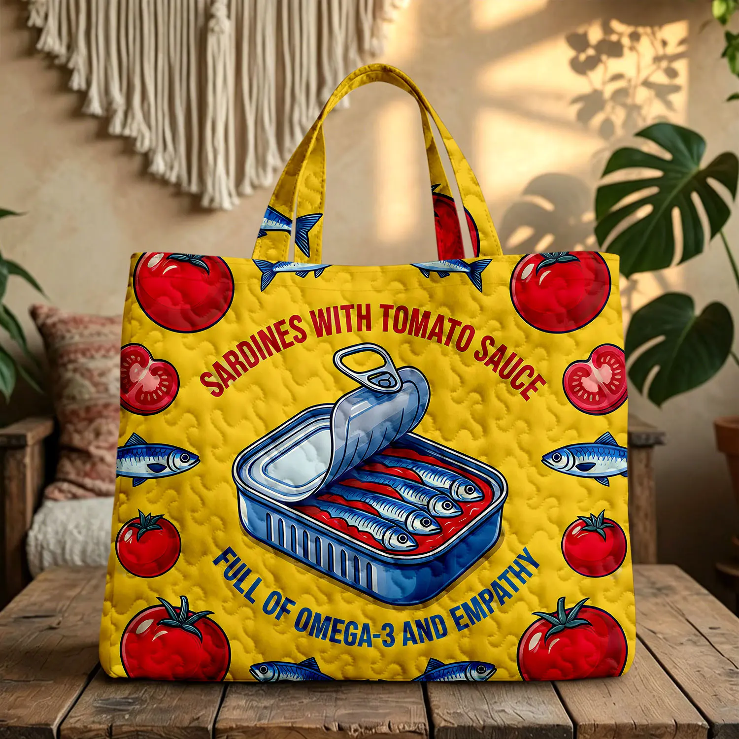 Embroidery design Quilted tote bag with a fish print—cute, spacious, and lightweight; suitable for vacations or everyday use.