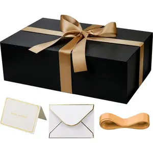 Boxes with Lid,14"x9"x4.5"   Box with Ribbon,Cards and Envelopes for Presents, for Wedding,Birthdays,Crafting, Packaging (Black)