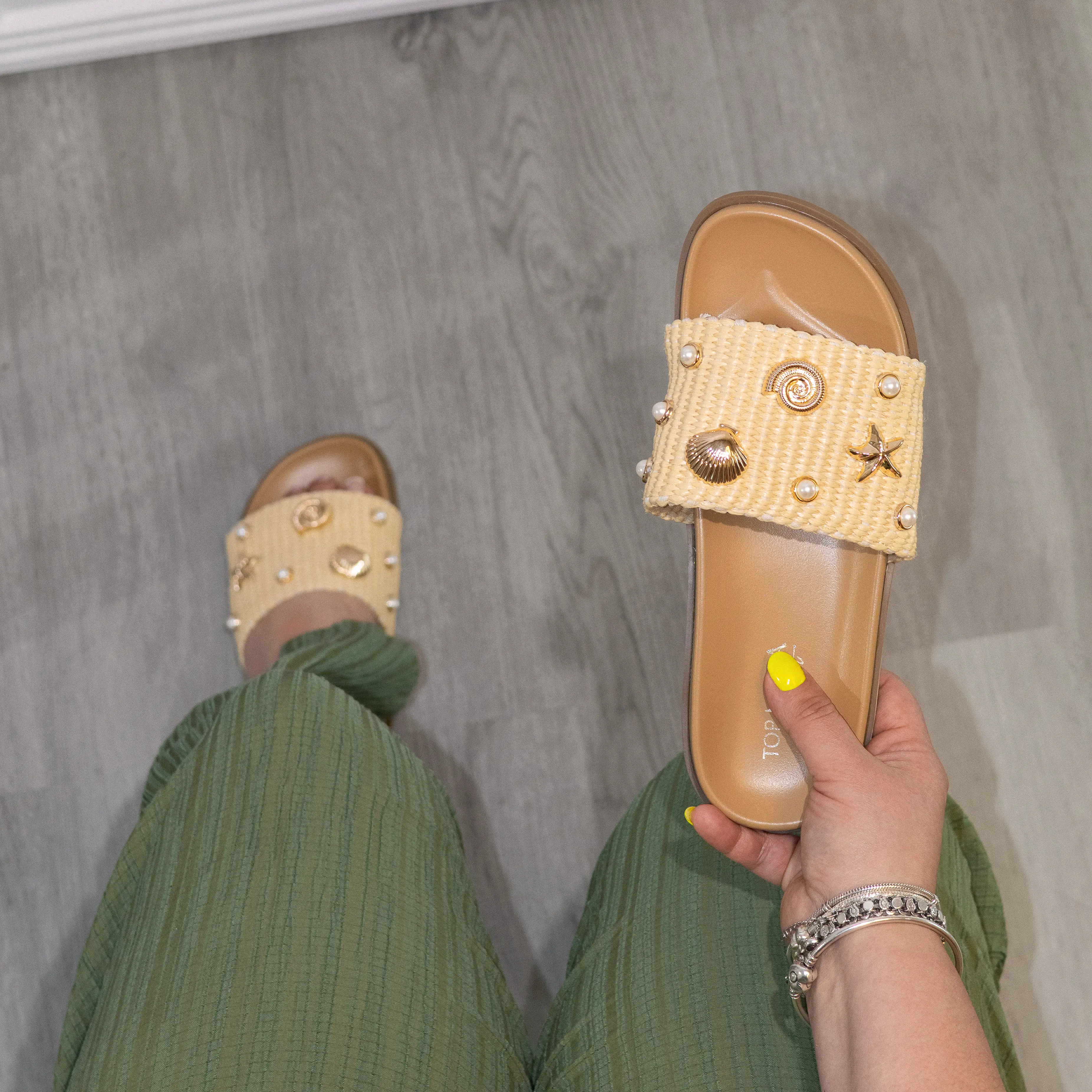 Mermaid - Women's Slip-On Braided Strap Sandals, Comfort Insole Lightweight Summer Shoes, Gold-Tone Beach Charms Detail, Casual Open Toe Flat Sandals, Stylish Vacation & Everyday Wear Footwear