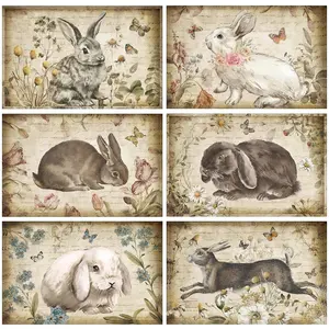 6 Pcs Bunny Floral Placemats 12x18 Inch Rectangle Rustic Table Mats for Brunch Tablescape Placemat Set for Dining Table, Spring Summer Home Tablescape Decor Heat Resistant Vintage Tableware