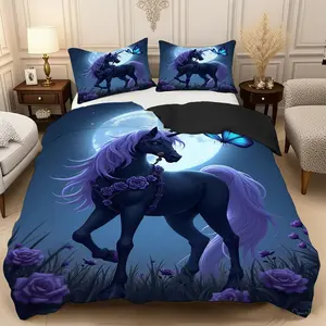 2/3 Pcs Unicorn Duvet Cover Set Under The Night Sky, High-Definition Digital Printed Decorative Bedding Set(1* Duvet Cover+1/2* Pillowcase,No Filling)100% Polyester Fiber Soft,Breathable Bedroom,Guest Room Decoration,Machine Washable,Perfect Holiday Gift
