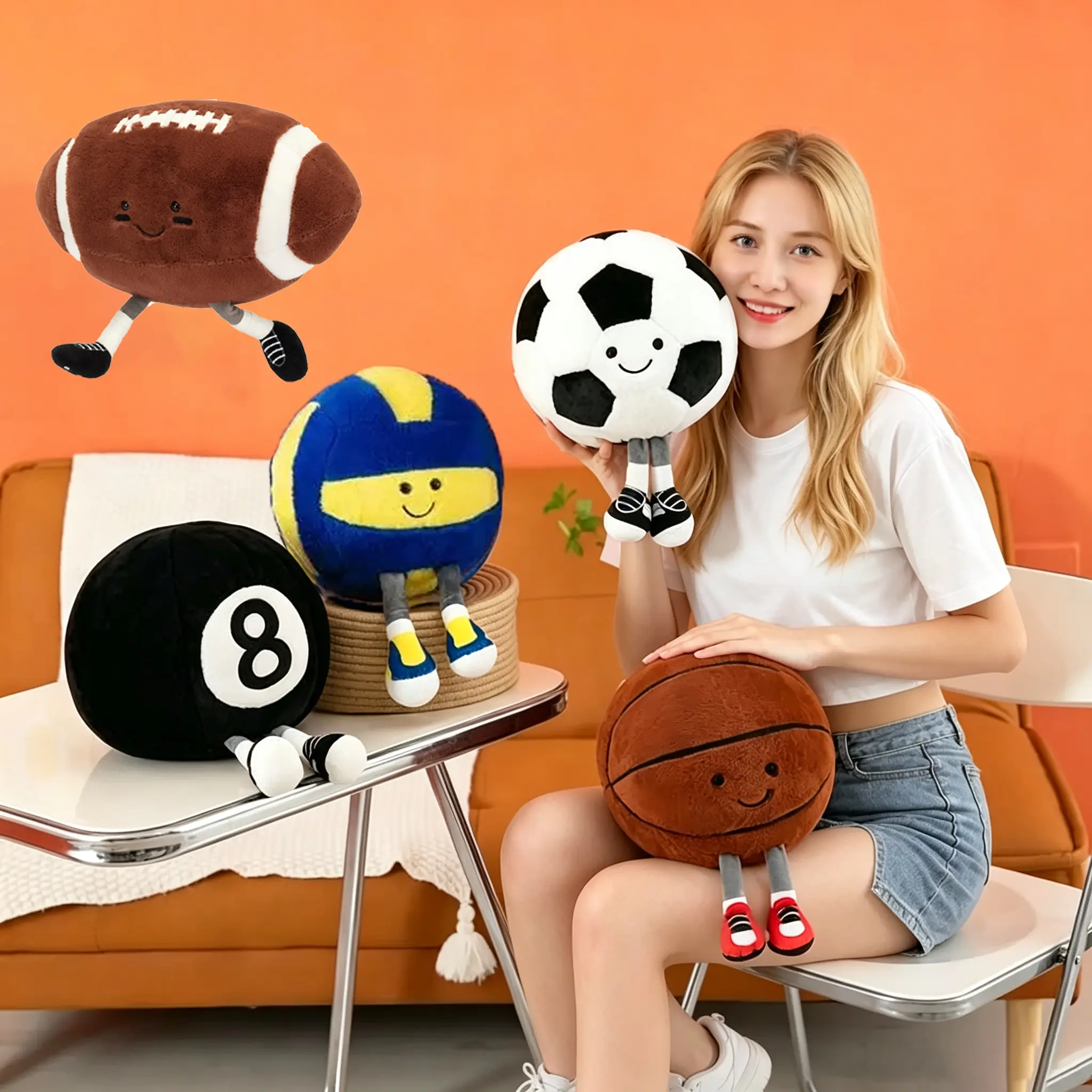 Cute Anthropomorphic Sports Ball Plush Toy Set, Soft Stuffed Soccer Basketball Volleyball American Football 8-Ball Billiards Plush Dolls with Legs & Sneakers, Kawaii Smiley Face Sports Themed Collectible Plushies, Fluffy Cuddly Toys Sports Fans Gift