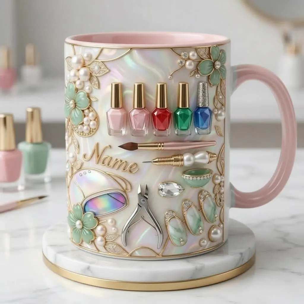 Custom Name Nail Faux 3D Accent Mug, Love Nail Coffee Mug, Nail Salon 2D Print Ceramic Cup, Gift for Her