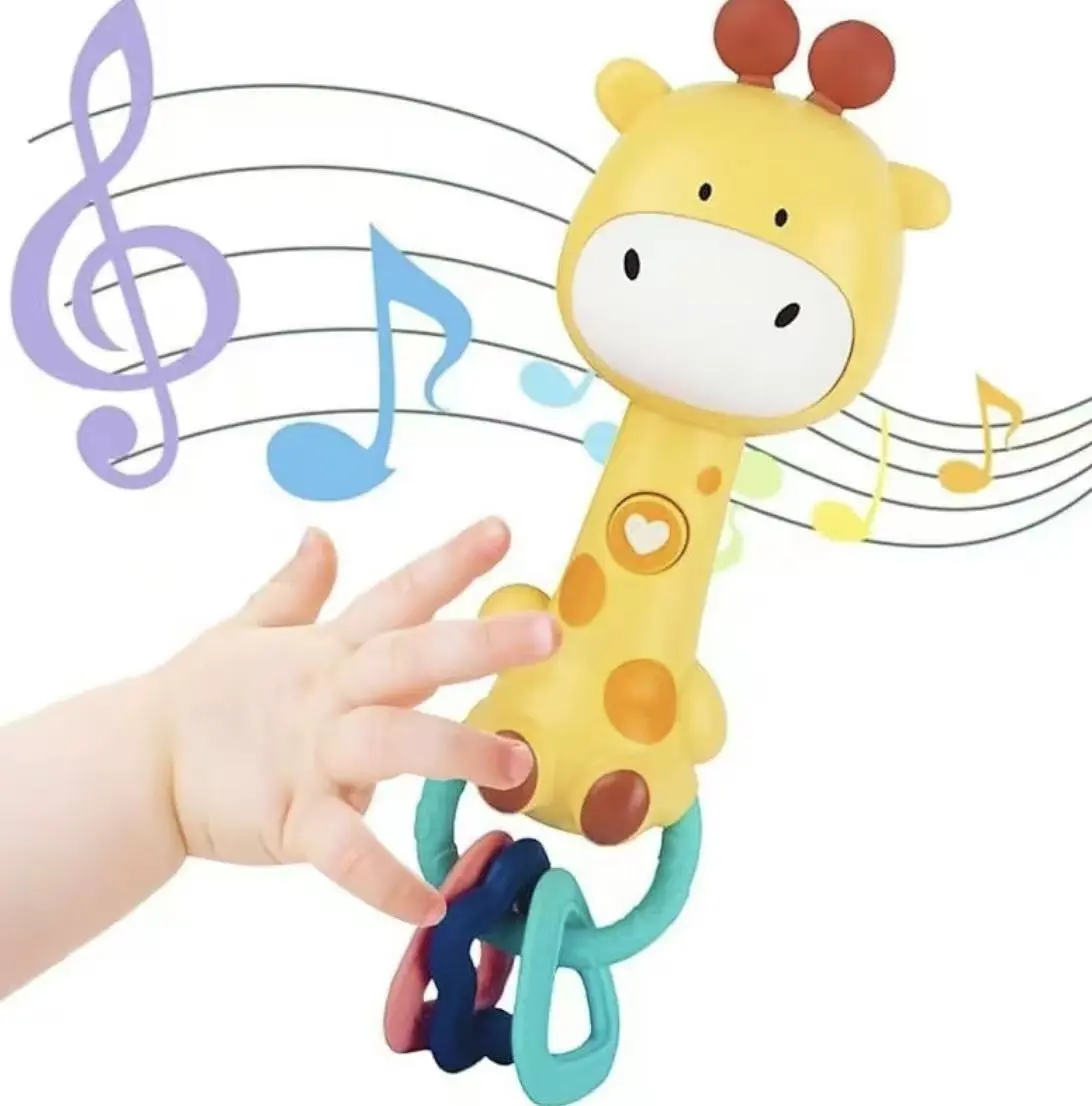 Weirtoya Unisex Baby Musical Teething Rattle Toy - Giraffe Shape with Lighted Face, Button Control, Elastic Grip, BPA-Safe Soft Chewable for 6-18 Months, Ideal Christmas & Birthday Gifts,Animal Toy, Glow Toys,early education