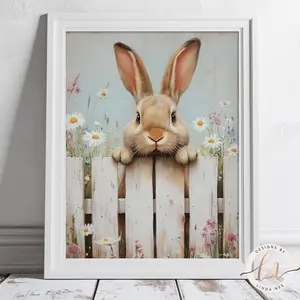 Spring Bunny Art Print, Daisy Garden Nursery Wall Decor, Rabbit on Fence Metal Print