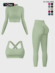 Women's Solid Criss Cross Crop Tank Top & High Waist Leggings & Zip Up Crop Jacket Tracksuit Set, Breathable Comfy Fitness Sport Outfits Workout Running Clothes for Yoga Gym Workout Running