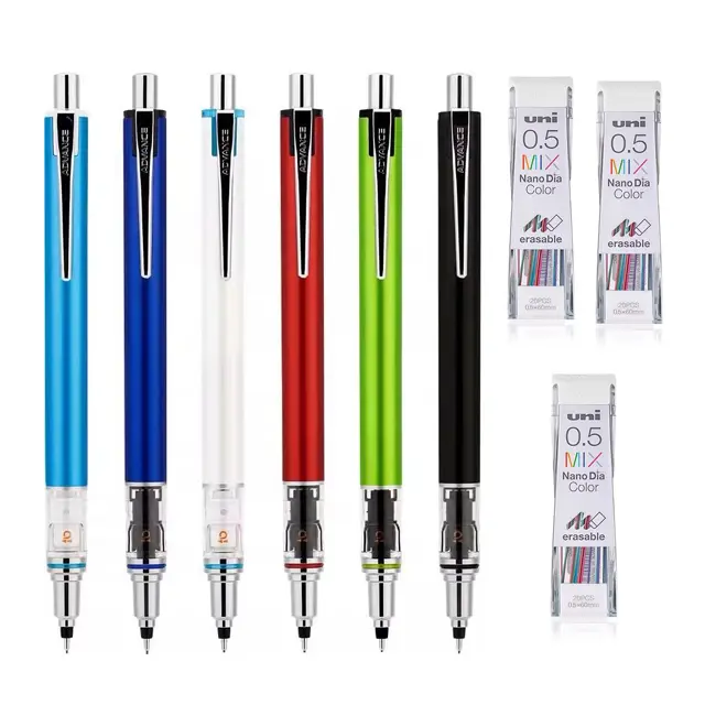 Japan UNI Kuru Toga Advance M5-559 Mechanical Pencil Set - 1 Black Pencil (1mm Pen Tube), 0.5mm 2X Fast Auto-Rotating Drafting Tool, 3 Boxes Nano Dia Erasable Mixed Color Lead Refills, Cute Aesthetic Office/Student Supplies
