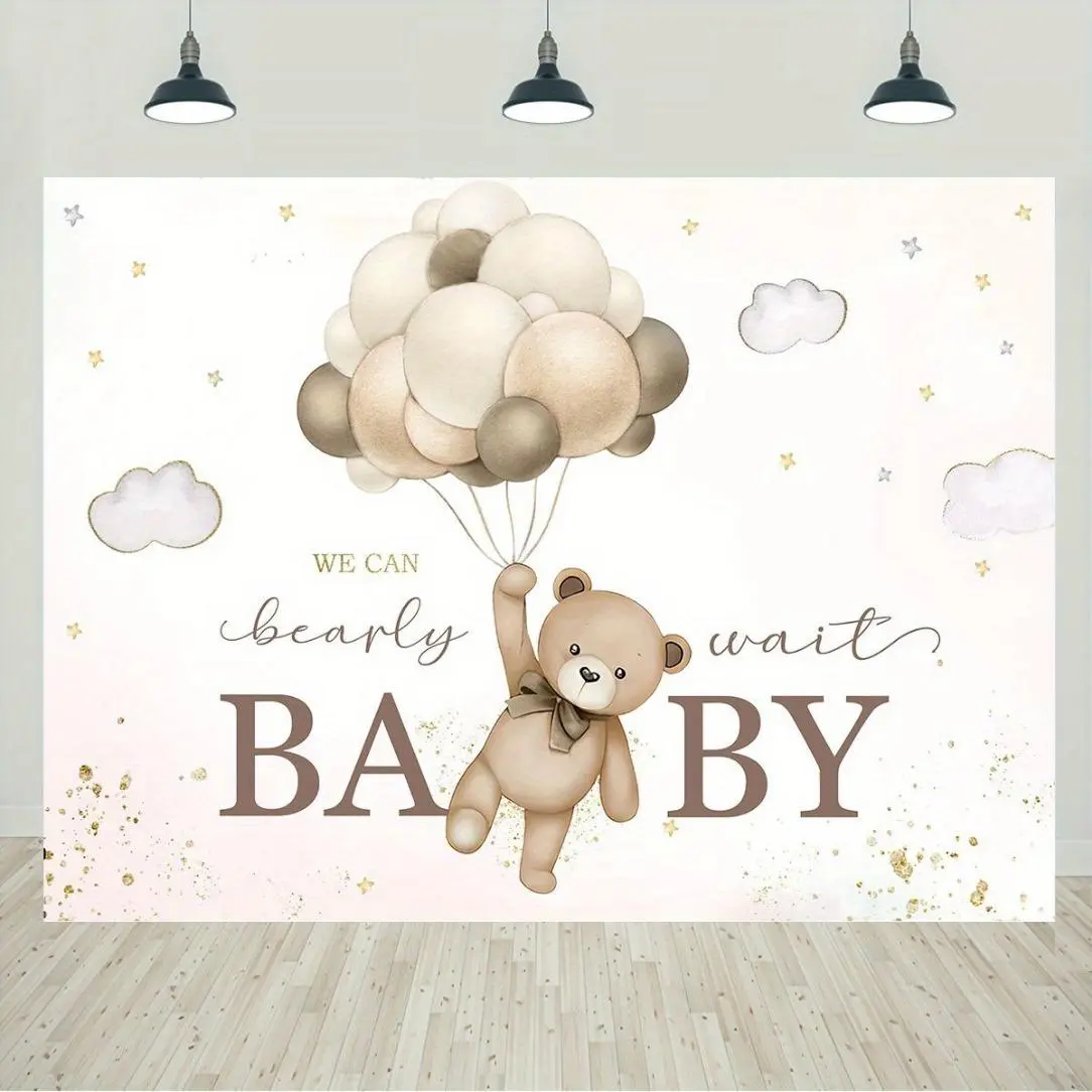 Bear Balloon Pattern Baby Shower Gender Reveal Party Backdrop Background, 1 Count Gender Neutral Photo Booth Banner, Wall Decor for Home Living Room Bedroom, Wall Hanging Backdrop, Decorative Banner, Party Decorations Banners