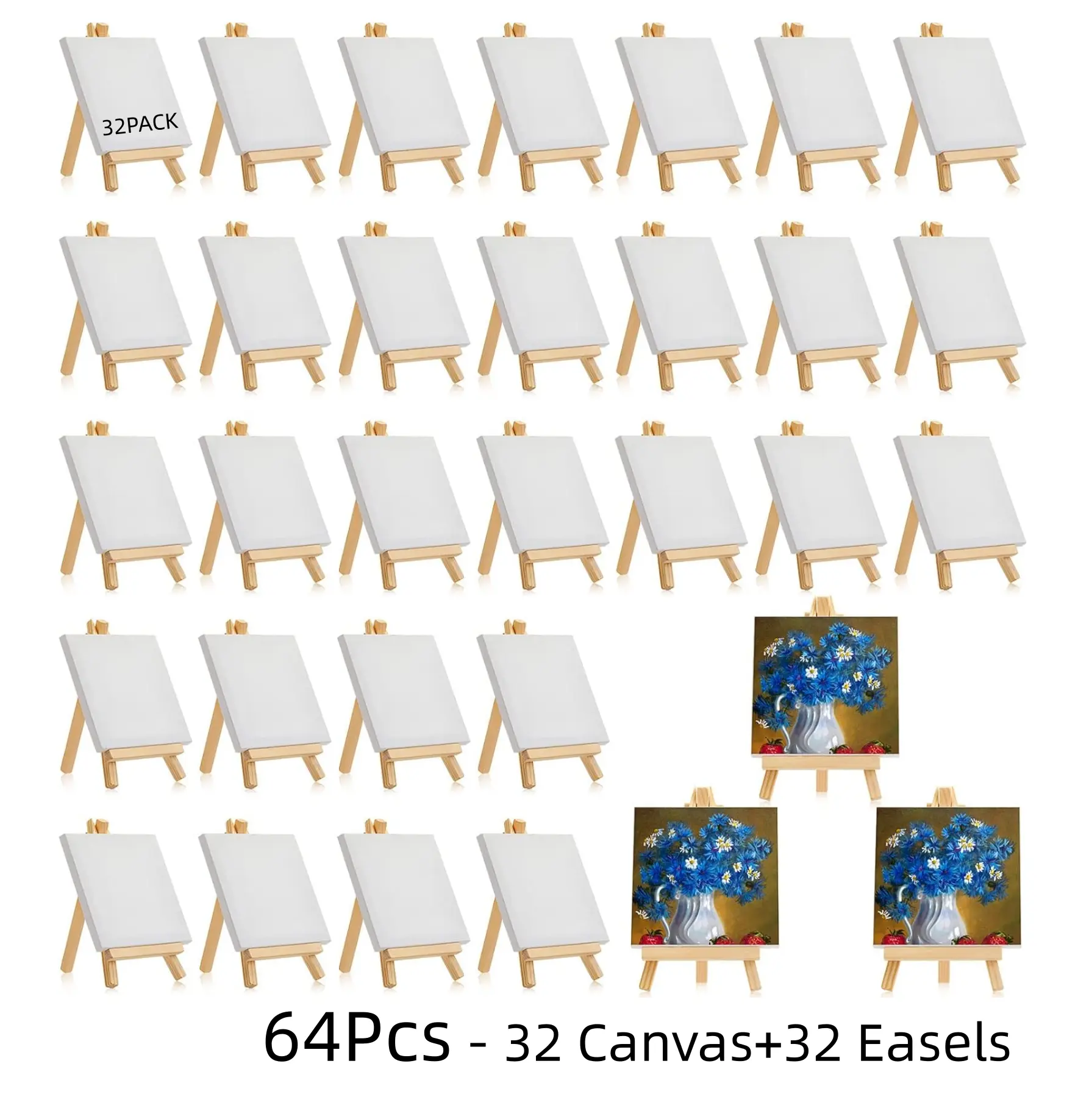 64Pcs Mini 4x4in Canvases & Easels Art Crafting Kit - 32 Canvases, 32 Easels, for Oil, Acrylic, Watercolor, Beginners, Kids Classroom Crafts, DIY Painting Supplies Gift, Endless Fun, Lifelong Love for Art, Outdoor Events