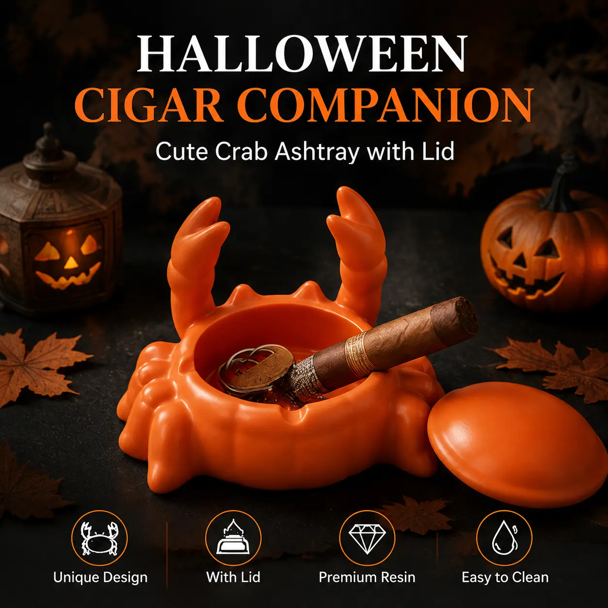 Funny Crab Resin Ashtray with Lid, Cute Cigar Ashtray Desktop Decor, Unique Gift for Men, Smokers, Dad and Friends, Creative Home Bar Accessories