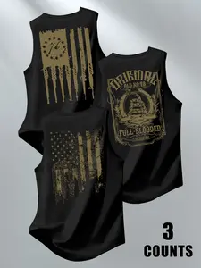 Men's American Flag Print Sleeveless T-Shirt, Casual Breathable Sports Vest, Fitness Running 3-Piece Set, Summer Sportswear