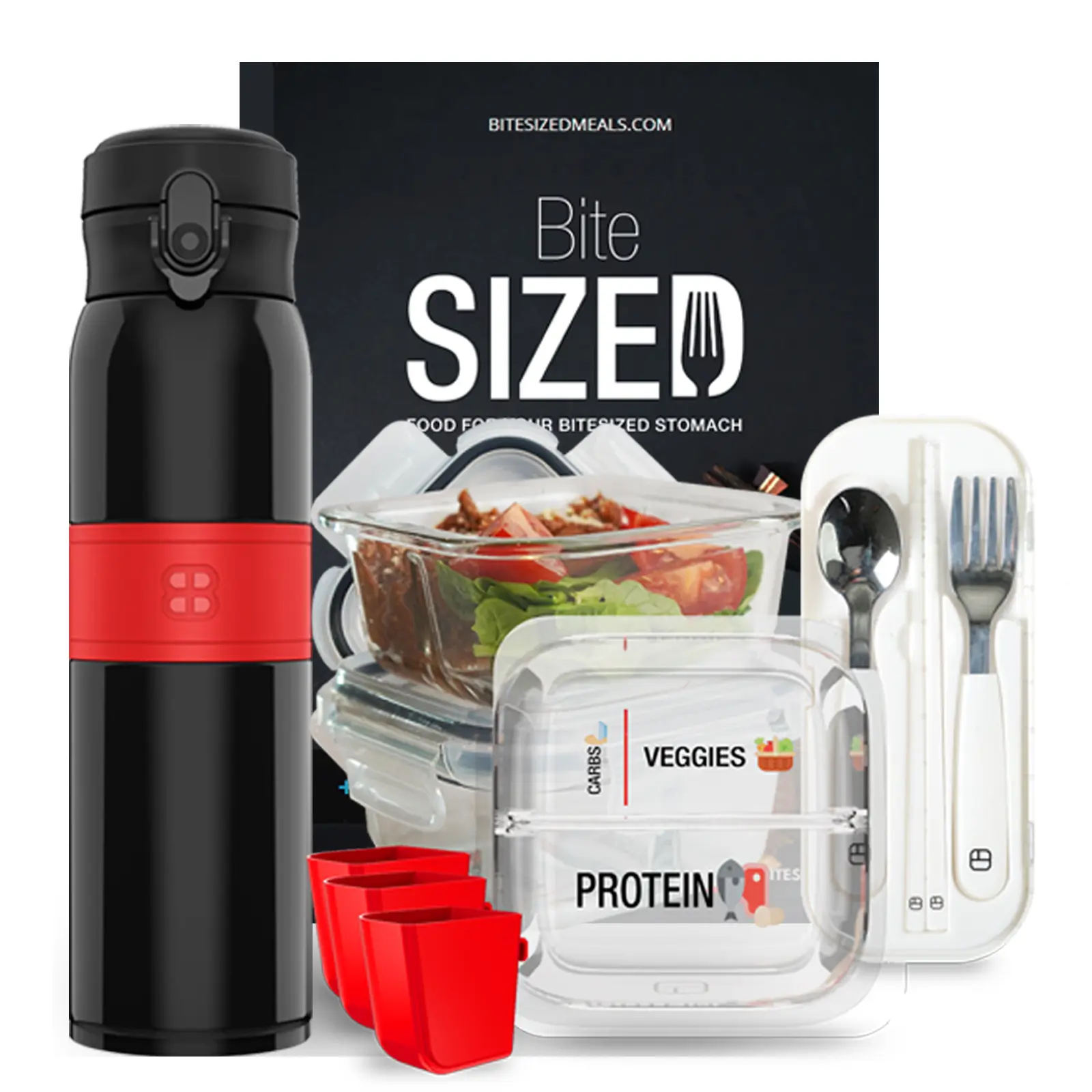BariBowl Bariatric Meal Prep Bundle – 3 Glass Portion-Control Containers + 20oz Bottle + BiteSized Cookbook, Silicone Cups & Utensils