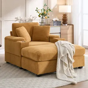 Eyisean 50" Corduroy Upholstered Lounge Chair Indoor with Ottoman, Modern Sleeper Chaise with Armrest Storage & Cup Holder, Deep Seat Reading Chair with Removable Cushion for Living Room/Office
