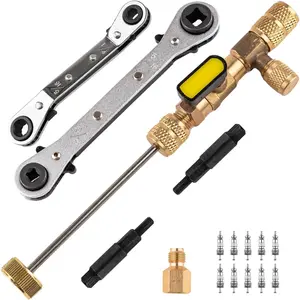 Valve Core Remover Installer Tool and HVAC Service Wrench Set with Hex Bit Adapters, Dual Size SAE 1/4 to 5/16 Port, 5/16'' to 1/4'', 3/8'' to 1/4'' Refrigeration Service Wrench, 10 Valve Core
