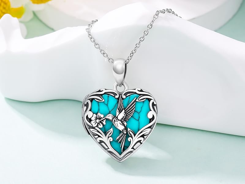 Hummingbird Locket Necklace That Holds 1 Picture 925 Sterling Silver Turquoise Heart Locket Pendant Personalized Photo Animal Jewelry Gifts for Women Grandma