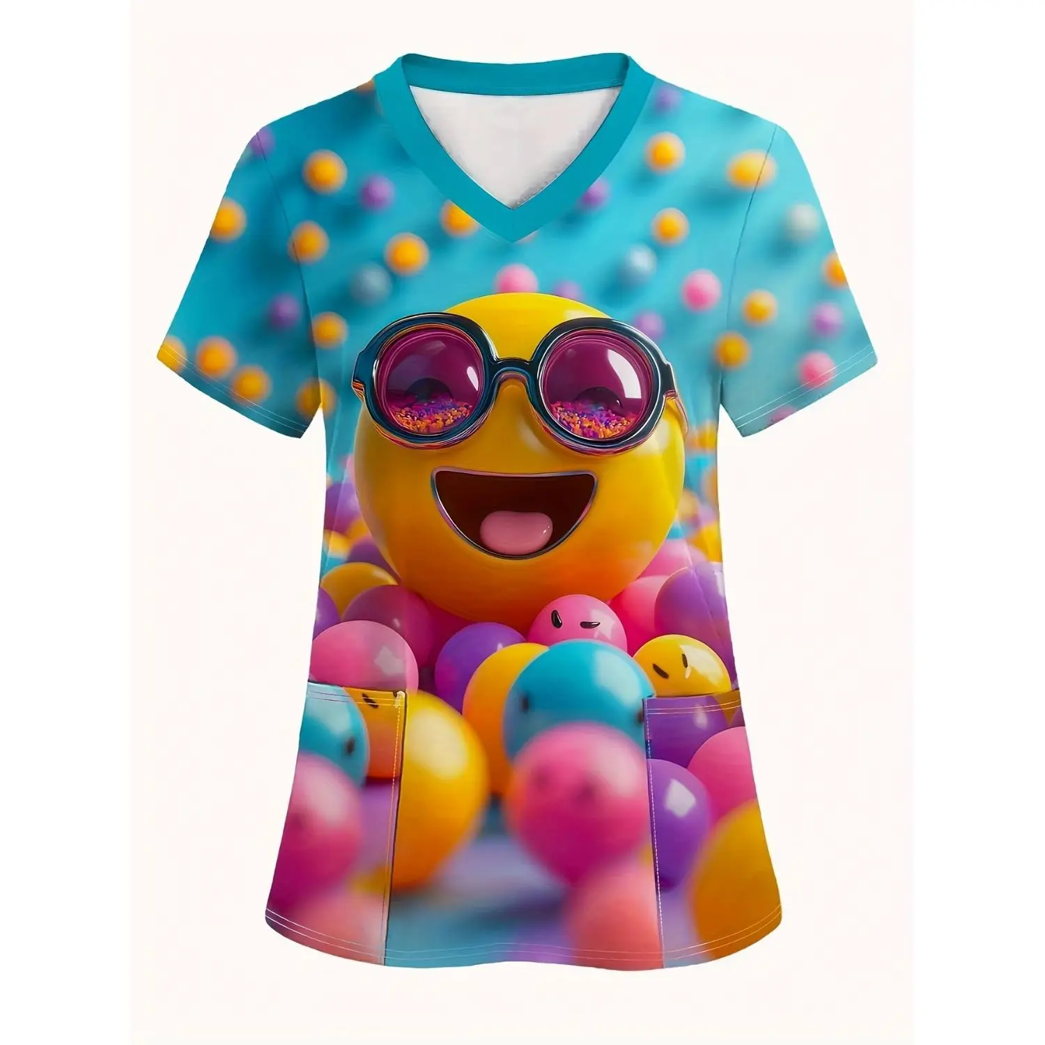 Women's Fashion V-Neck Short-Sleeve Top with Playful Glasses Print, Casual and Comfortable Nurse Uniform with Pockets