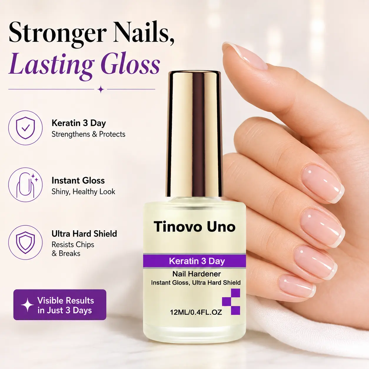 TinoVo Uno 3-Day Keratin Nail Hardener – Instant Gloss with Ultra Hard Shield, Strengthens Weak Nails, Prevents Chips & Breaks, At-Home Treatment, 12ml/0.4fl.oz, Nail Care, Daily
