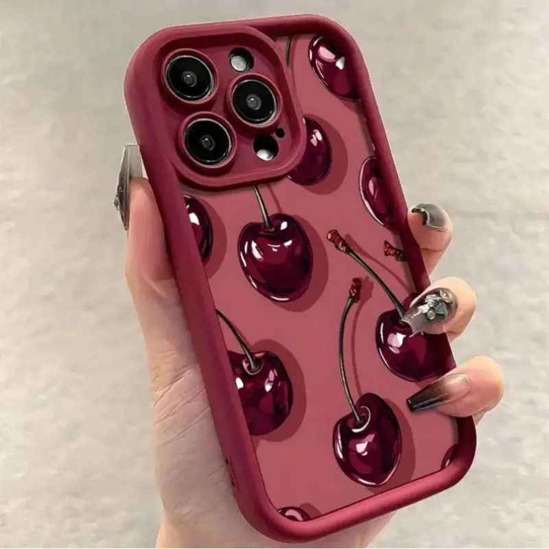 Durable Wine Cherry Graffiti Smartphone Case - Creative Handheld Protective Cover for iPhone 7plus/8plus/X/Xs/11/12/13/14/15/15plus/15pro/15Promax/16/16plus/16pro/16Promax, Stylish Mobile Phone Protection Accessory