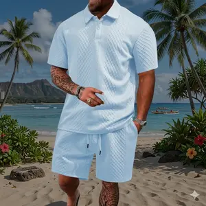 Refreshing Men's Solid Polo Shirt & Drawstring Waist Shorts Set, Cozy Breathable Two-piece Outfits for Daily Outdoor Wear, Men Clothes for Summer