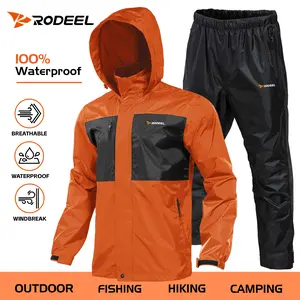 【RODEEL】702 Waterproof Jacket and Pants Set Men Lightweight Breathable Full Zip Hooded Rain Coat Durable Rain Suit Weatherproof Rainwear Windbreaker For Outdoor Sports Hiking Fishing Boating Construction Roofing Landscaping Gardening, Holiday Gift