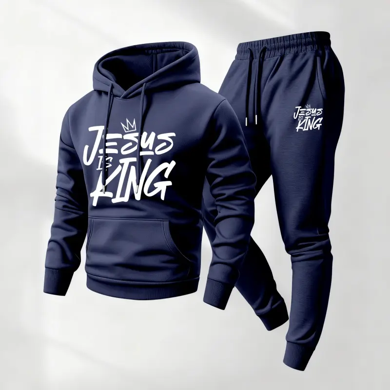 Men's 2-Piece Polyester Tracksuit Set - Longsleeves Loose Hoodie with Jesus Is King Print, Drawstring Sweatpants, Casual Fit Fabric for Fall Winter Daily Wear, Mensfashion Athleisure Outfit