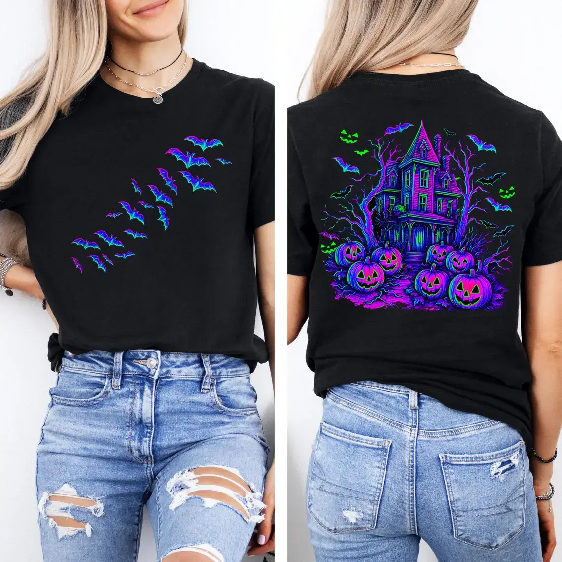 Women's Halloween Graphic T-Shirt - Short-Sleeve, Round Neck, Loose Casual Wear - Double-Sided Neon Haunted House Pumpkin Bat Jack O' Lantern Print, Retro Gothic Vintage Spooky Style Black Top for Party Streetwear