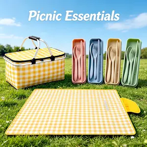 Reusable Picnic Bundle with  Gingham Insulated Basket,Mat & Reusable Cutlery for 4 People,Perfect for Camping, Beach, Hiking & Travel,Mother's Day gift for mom