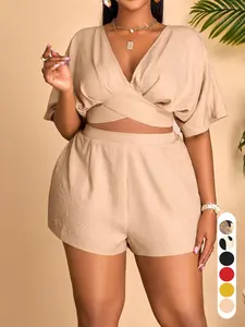 Elegant Casual Chic Women's Two-Piece Set, Deep V-Neck Short Sleeve Top and High Waist Shorts, Spring Summer Plus Size, Womenswear