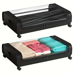 [Under Bed Storage] 2pcs Under Bed Storage Organizer Metal Underbed Bins With Wheels And Lid Metal Underbed Storage Containers Under Bed Rolling Storage For Clothes, Bedding, Shoes, Blankets, Books, Toys, Under-Bed Storage