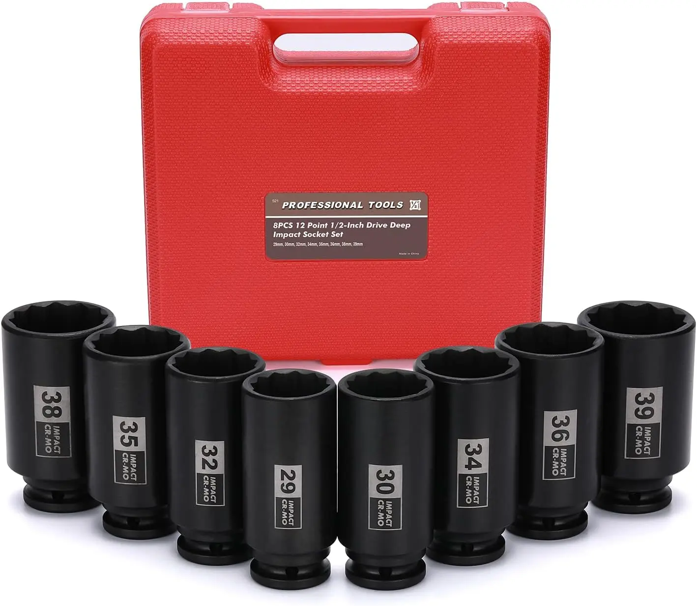 8 count 1/2" Deep Axle Nut Impact Socket Set, CR-MO, 12 Point Design, Metric, 29,30,32,34,35,36,38,39mm, 1/2 Inch Extra Deep Impact Socket