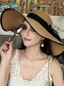 Women's Summer Straw Hat, Large Brim Beach Hat, Foldable Ribbon Bow Design, Lightweight & Versatile Outdoor Accessory