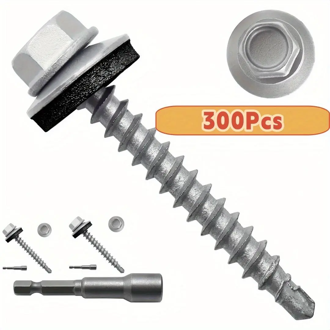300Pcs Hexagonal composite washer Drilling screws with hexagon socket head Hexagon head self-drilling metal roofing screws zinc plated Washers, paintless, sheet metal roofing screws with hexagonal screwdriver head