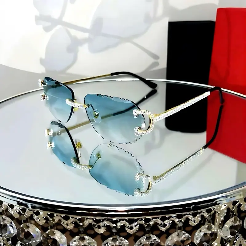 Luxury Rimless Round Cut Sunglasses Green Lens Gold Frame with High-Quality Rhinestones and Diamond Shine UV400 Protection for Men & Women