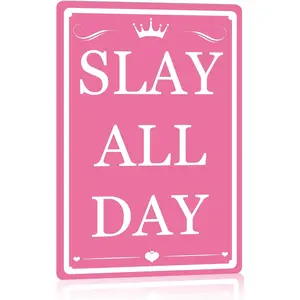 Cute Room Decor For Teen Girls Bedroom Aesthetic Slay All Day Sign Preppy Stuff Funny Posters Pink Room Signs Coquette Decor Girl Dorm Room Wall Decor Cute Things For Teens Girls Tin Signs