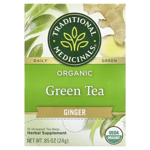 Traditional Medicinals Organic Green Tea, Ginger, 16 Wrapped Tea Bags, 0.85 oz (24 g)