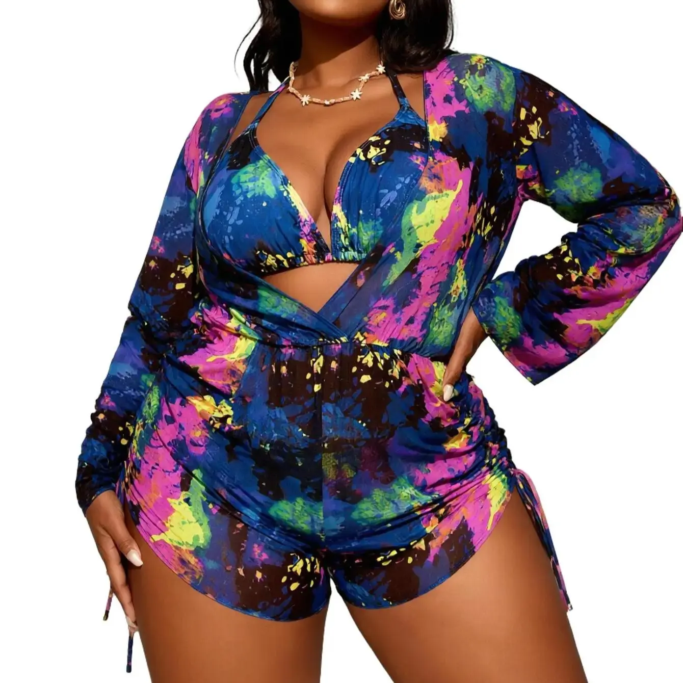 Women's Plussize 3-Piece Tie-Dye Bathing Suit Set - Halter V-Neck Bikini with Mesh Long-Sleeve Romper Cover-Up, Drawstring Tummy Control Beach Outfits for Vacation, Swimsuit, Women's Clothes