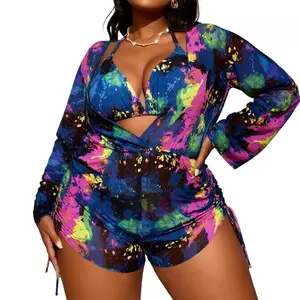 Plus Size Tie-Dye Print 3-Piece Swimsuit Set, Halter V-Neck Bikini with Mesh Long Sleeve Romper Cover-Up, Drawstring Tummy Control Swimwear for Women Beach Vacation