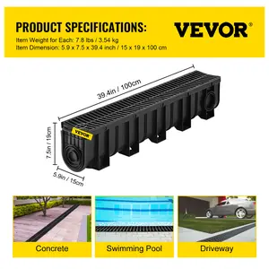 【Spotlight Day】VEVOR Trench Drain System, Channel Drain with Plastic Grate, 5.9x7.5-Inch HDPE Drainage Trench, Black Plastic Garage Floor Drain, 5x39 Trench Drain Grate, with 5 End Caps, for Garden, Driveway-5 Pack