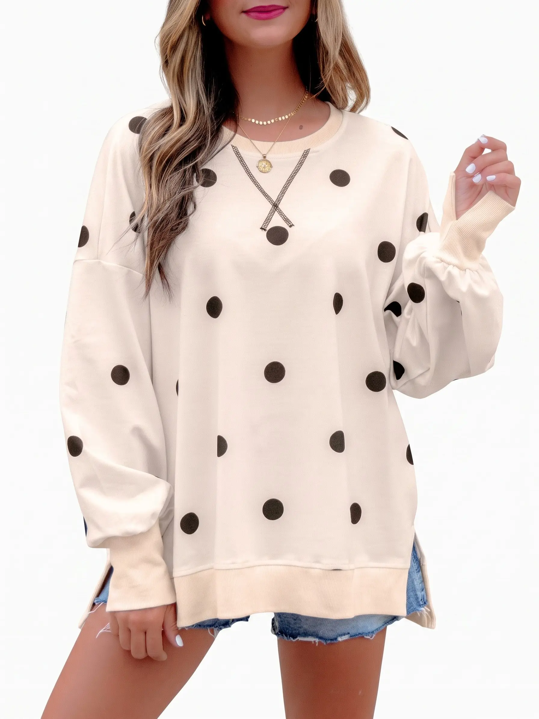 Women's Casual Long Sleeve Pullover Tops Oversized Polka Dot Sweatshirts Side Split Tunic Shirts