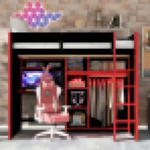 [Bellemave]Full Size Wood Loft Bed with Desk,Open Wardrobe,Storage Compartments and RGB Lights,Red