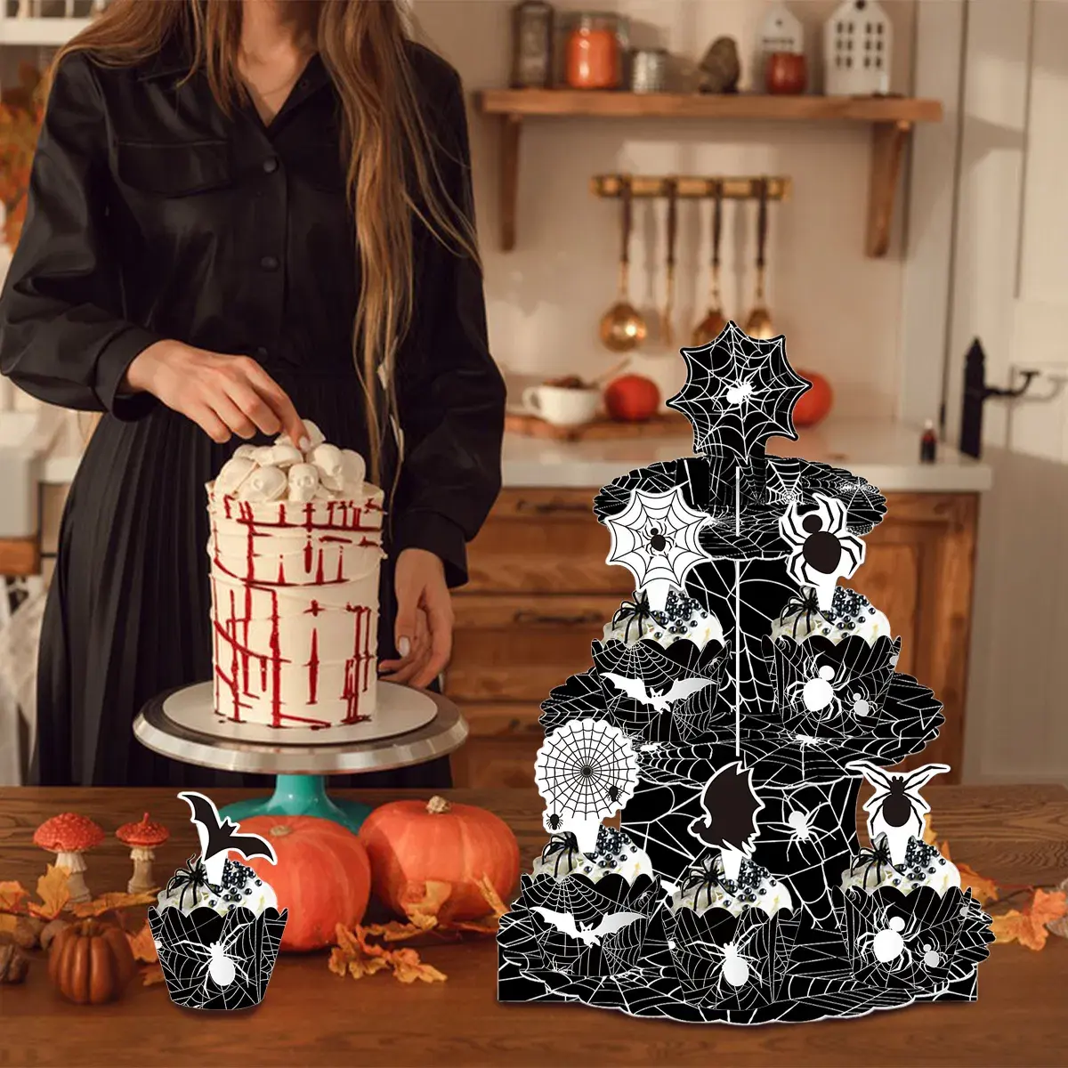 3 Tier Halloween Cupcake Stand Black Spider Web Cardboard Cupcake Stand Spider Bat Cupcake Toppers Halloween Cupcake Holder Tower for Halloween Birthday Party Supplies