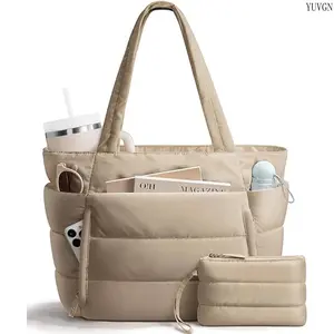 Black Puffer Tote Bag with Matching Pouch, Large Capacity Quilted Shoulder Purse, Multi-Pocket Lightweight Tote for Work, School, Travel & Daily Commute summerwins